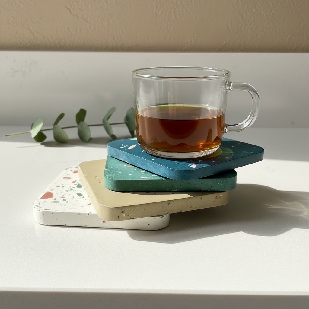 Terrazzo Coaster Set Gypsum Cement | Square modern coaster set of 4 | Neutral Coasters | Housewarming gift