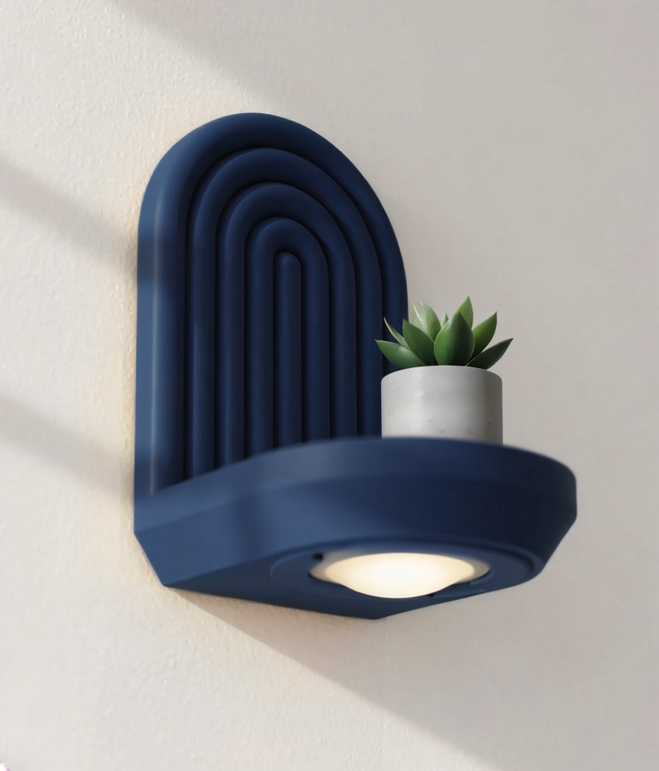Modern Arch Wall Shelf with LED Puck Light | 3D Printed Japandi Floating Decor | Minimalist Ambient Lighting