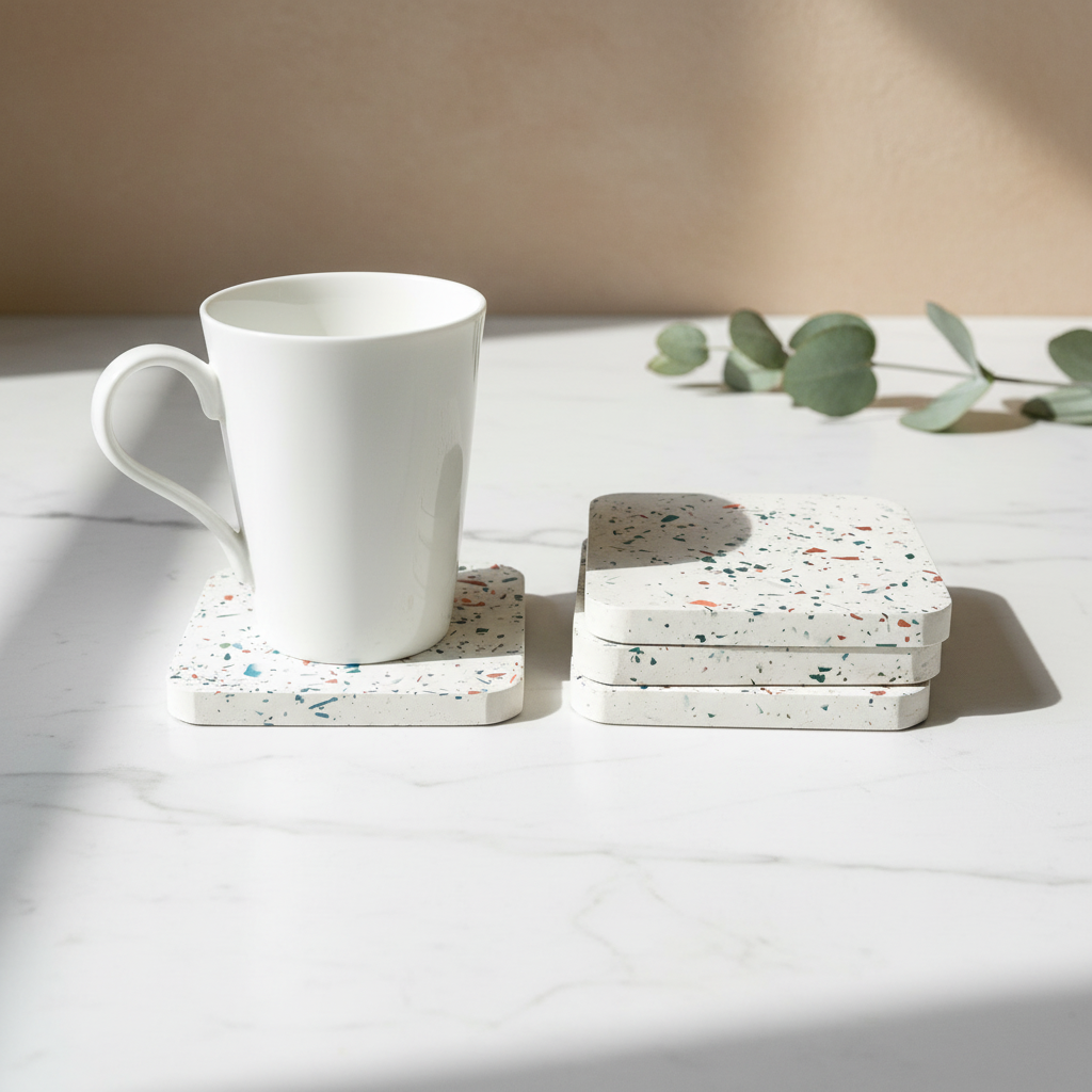 Terrazzo Coaster Set Gypsum Cement | Square modern coaster set of 4 | Neutral Coasters | Housewarming gift
