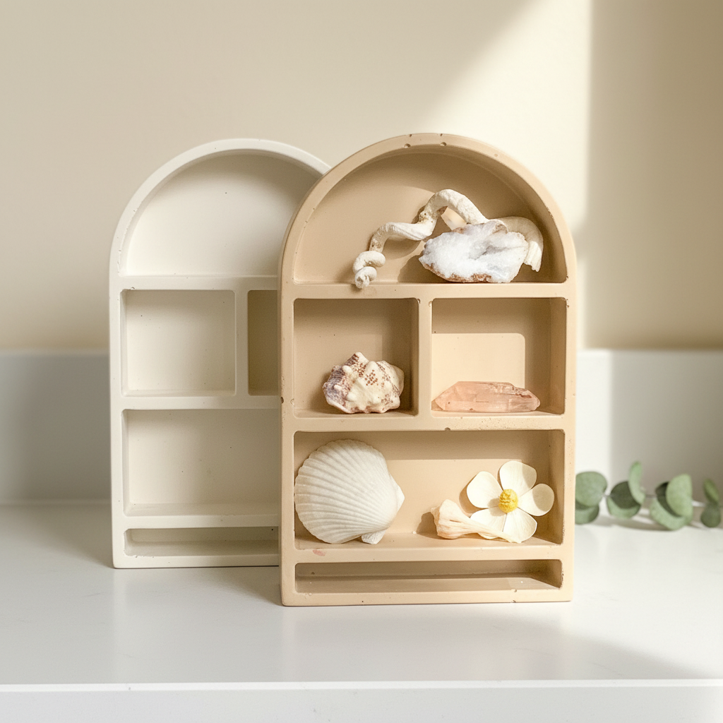 Modern Cement Trinket Arch Shelf for Decorative Storage, Miniature Display, Boho Freestanding Decor