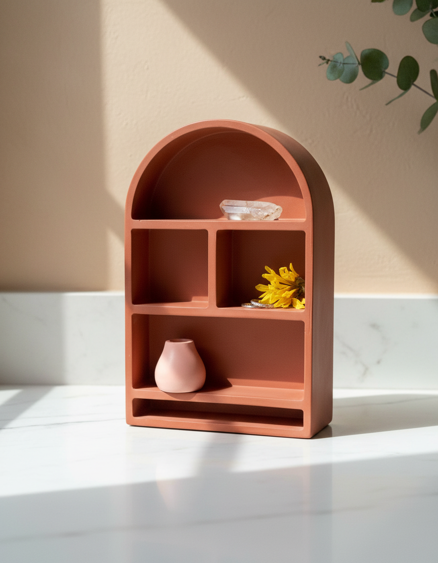Modern Cement Trinket Arch Shelf for Decorative Storage, Miniature Display, Boho Freestanding Decor