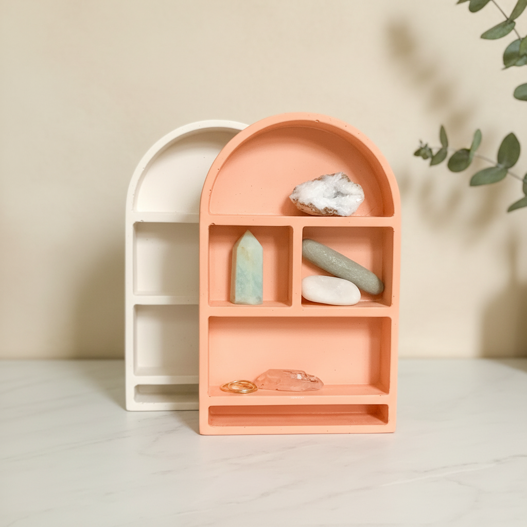 Modern Cement Trinket Arch Shelf for Decorative Storage, Miniature Display, Boho Freestanding Decor