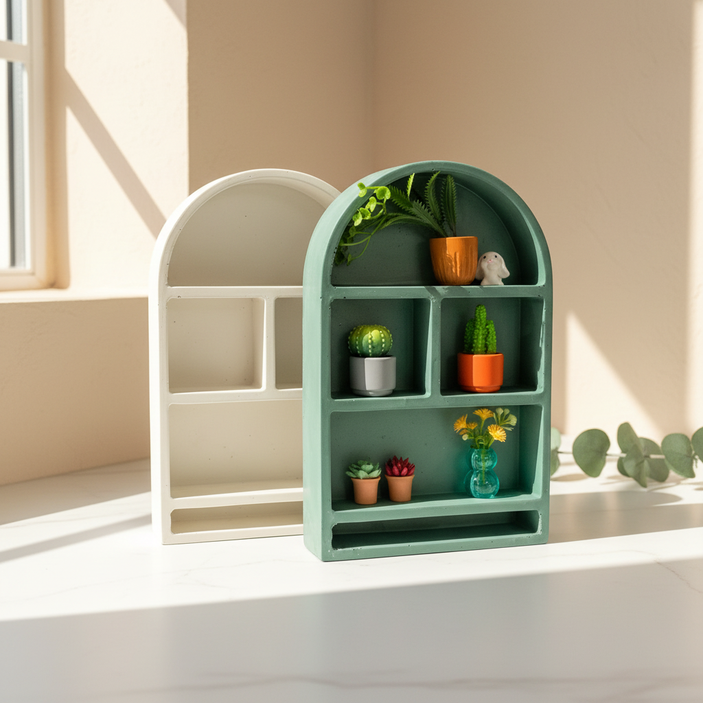 Modern Cement Trinket Arch Shelf for Decorative Storage, Miniature Display, Boho Freestanding Decor