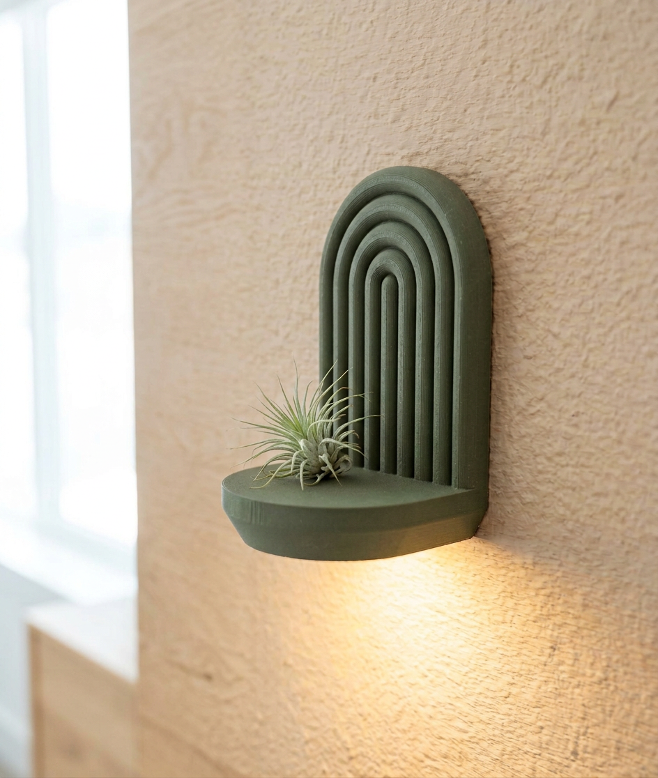 Modern Arch Wall Shelf with LED Puck Light | 3D Printed Japandi Floating Decor | Minimalist Ambient Lighting