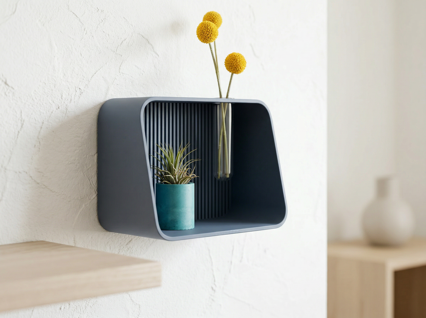 Wall Shelf with Propagation Tube | Fluted 3D Printed Shelf |  Entry Way Organization