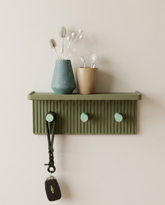 Entryway Wall Shelf with Hooks, 3D Printed Key Holder, Minimalist Wall Shelf