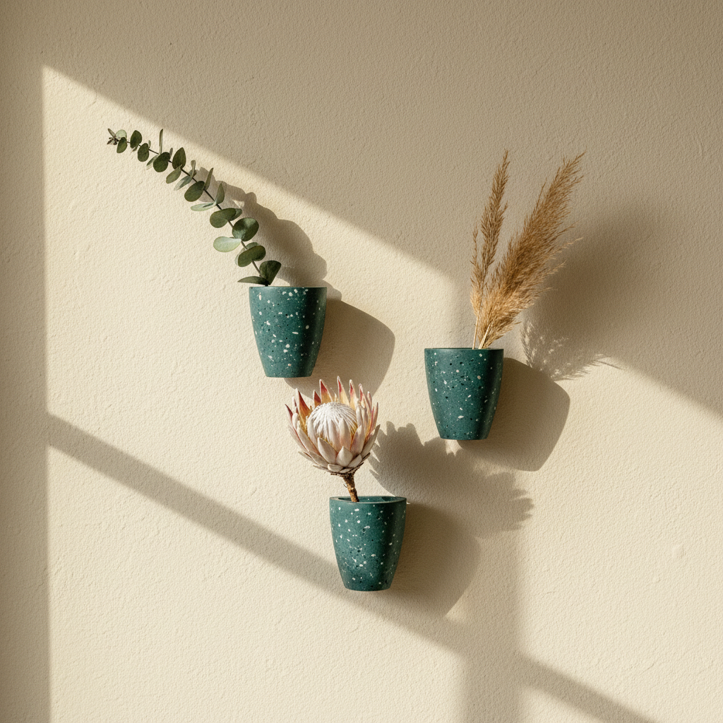 Terrazzo Concrete Wall Vase - Modern Hanging Bud Planter for Dried Flowers - Minimalist Gallery Decor Accent
