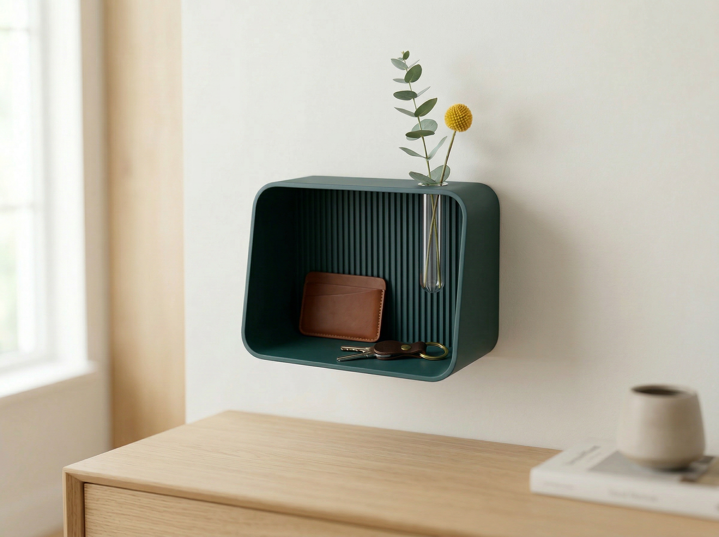 Wall Shelf with Propagation Tube | Fluted 3D Printed Shelf |  Entry Way Organization