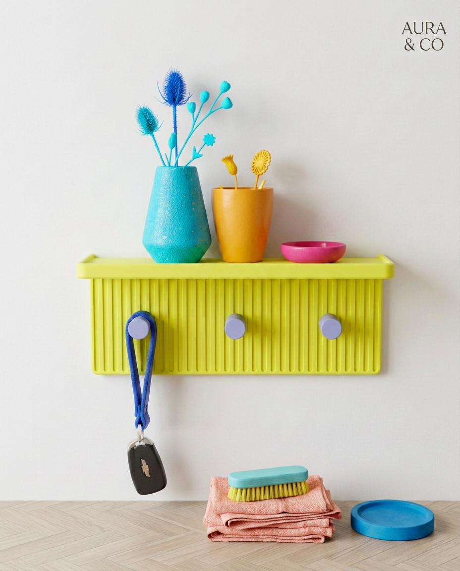 Entryway Wall Shelf with Hooks, 3D Printed Key Holder, Minimalist Wall Shelf