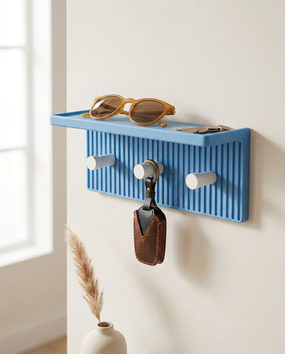 Entryway Wall Shelf with Hooks, 3D Printed Key Holder, Minimalist Wall Shelf