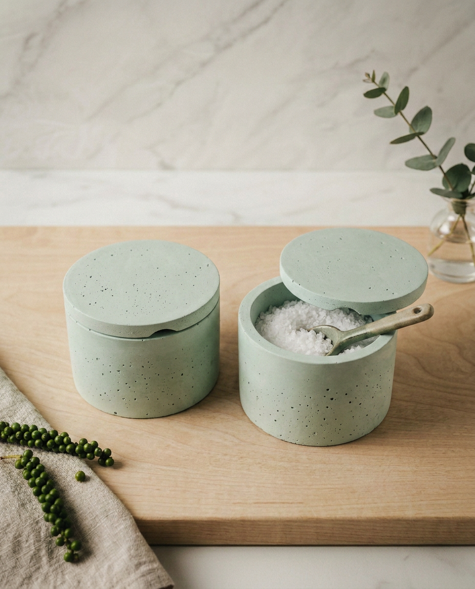 Large Salt Cellar - Modern Handmade Cement Pinch Pot, Kitchen Counter Salt Keeper & Spice Container