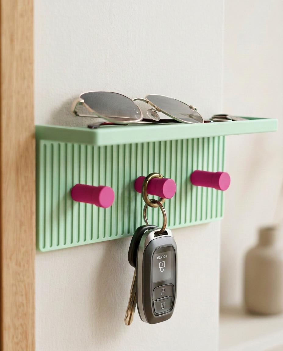 Entryway Wall Shelf with Hooks, 3D Printed Key Holder, Minimalist Wall Shelf
