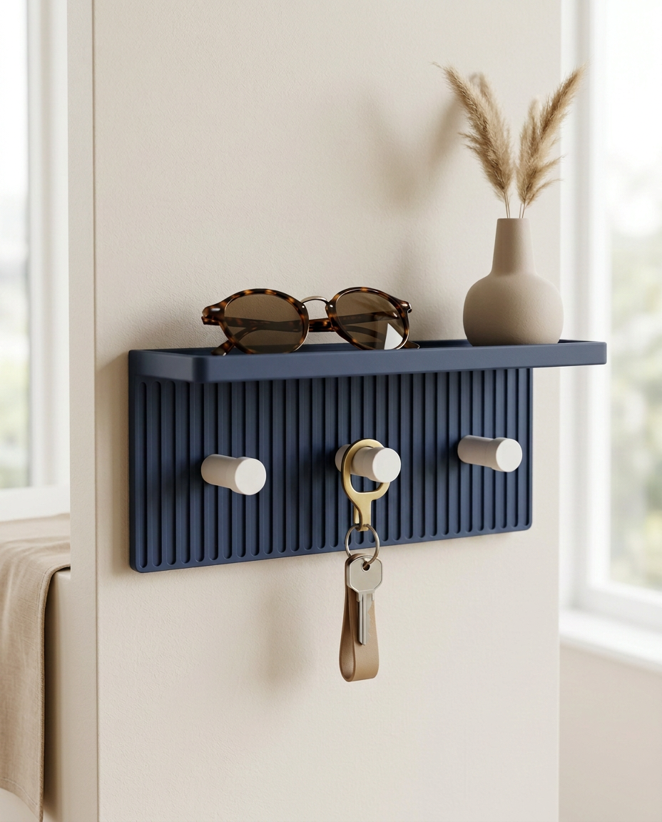 Entryway Wall Shelf with Hooks, 3D Printed Key Holder, Minimalist Wall Shelf