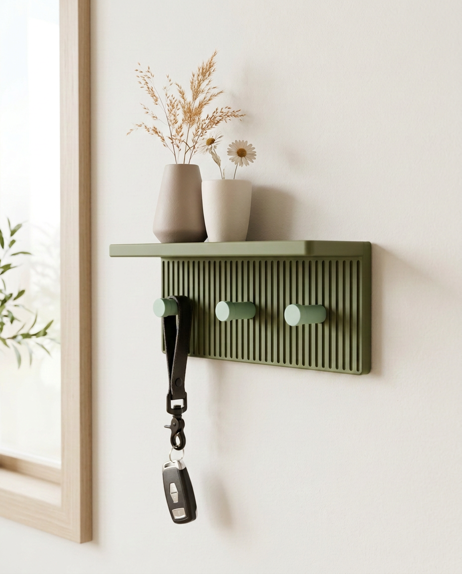 Entryway Wall Shelf with Hooks, 3D Printed Key Holder, Minimalist Wall Shelf