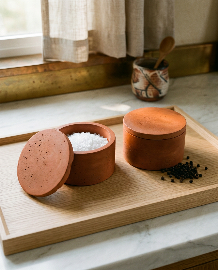 Large Salt Cellar - Modern Handmade Cement Pinch Pot, Kitchen Counter Salt Keeper & Spice Container