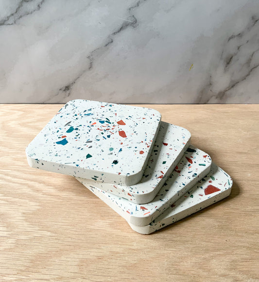 Terrazzo Coaster Set Gypsum Cement | Square modern coaster set of 4 | Neutral Coasters | Housewarming gift