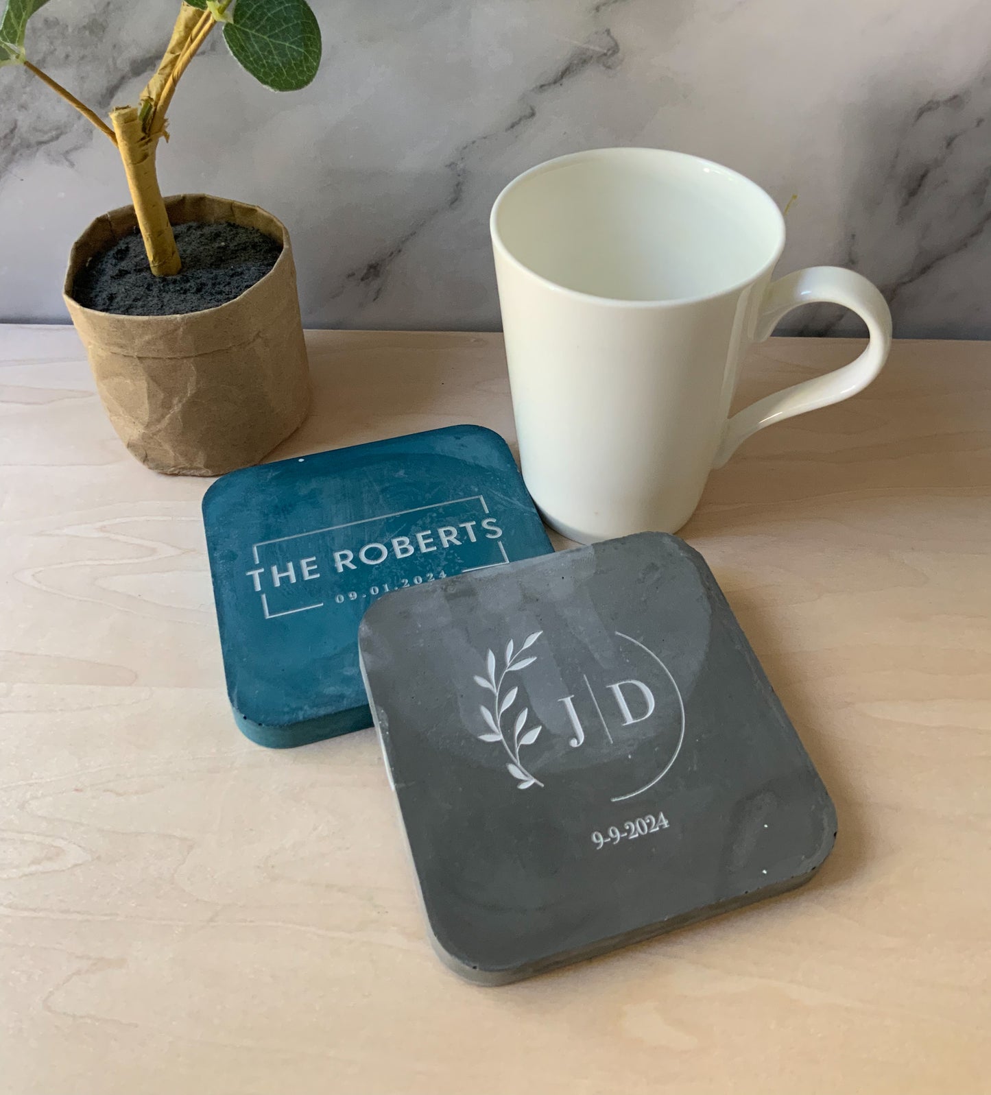 Personalized Coaster Set Gypsum Cement | Square modern coaster set of 4