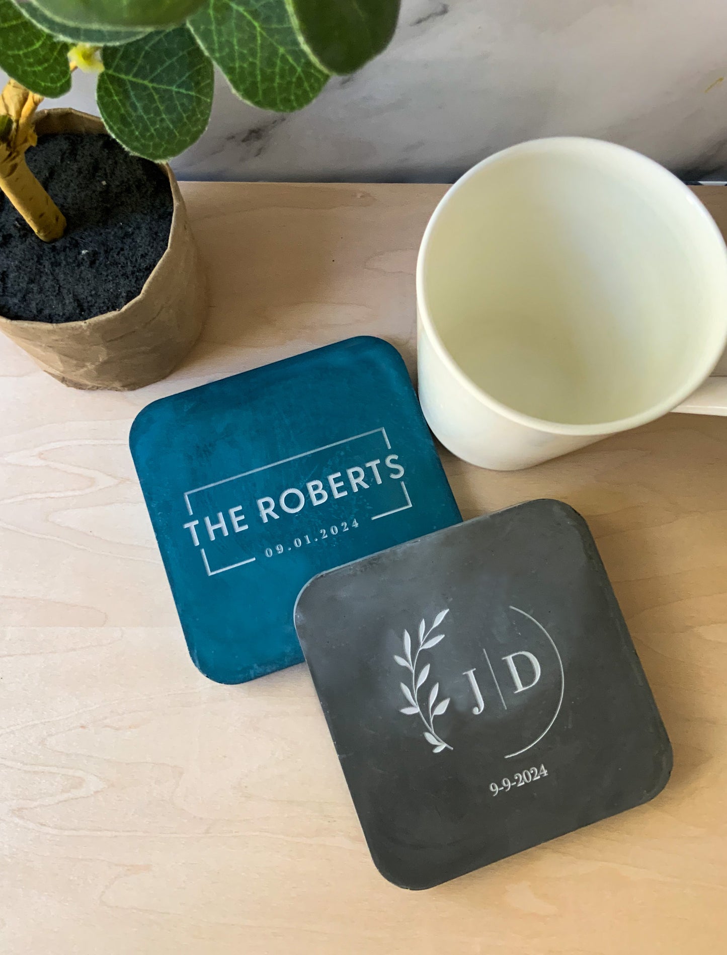 Personalized Coaster Set Gypsum Cement | Square modern coaster set of 4