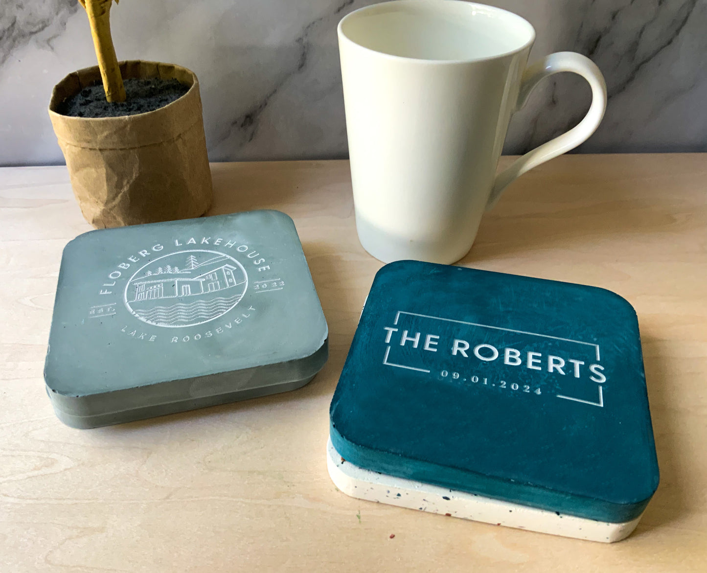 Personalized Coaster Set Gypsum Cement | Square modern coaster set of 4