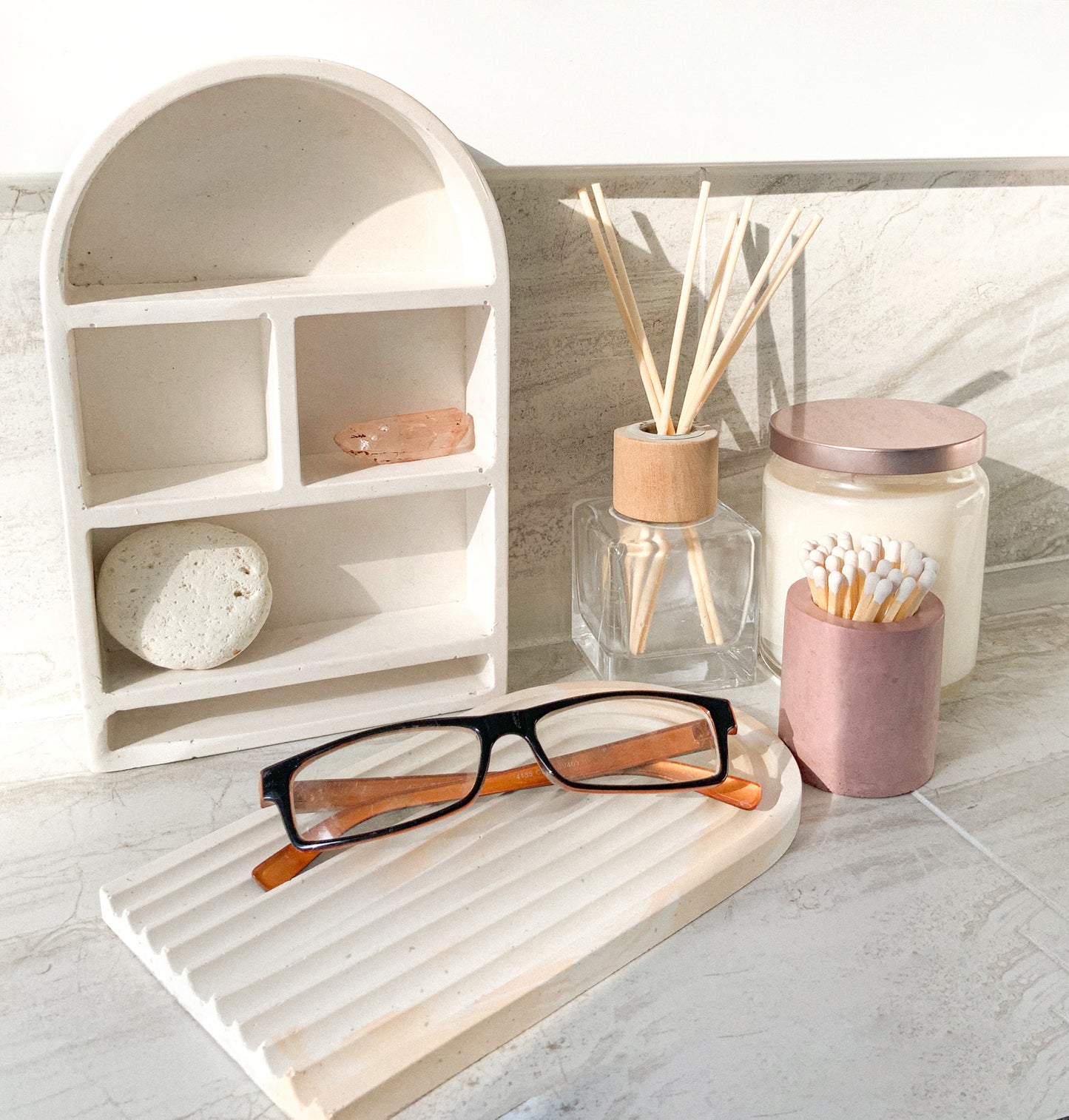 Modern Cement Trinket Arch Shelf for Decorative Storage, Miniature Display, Boho Freestanding Decor