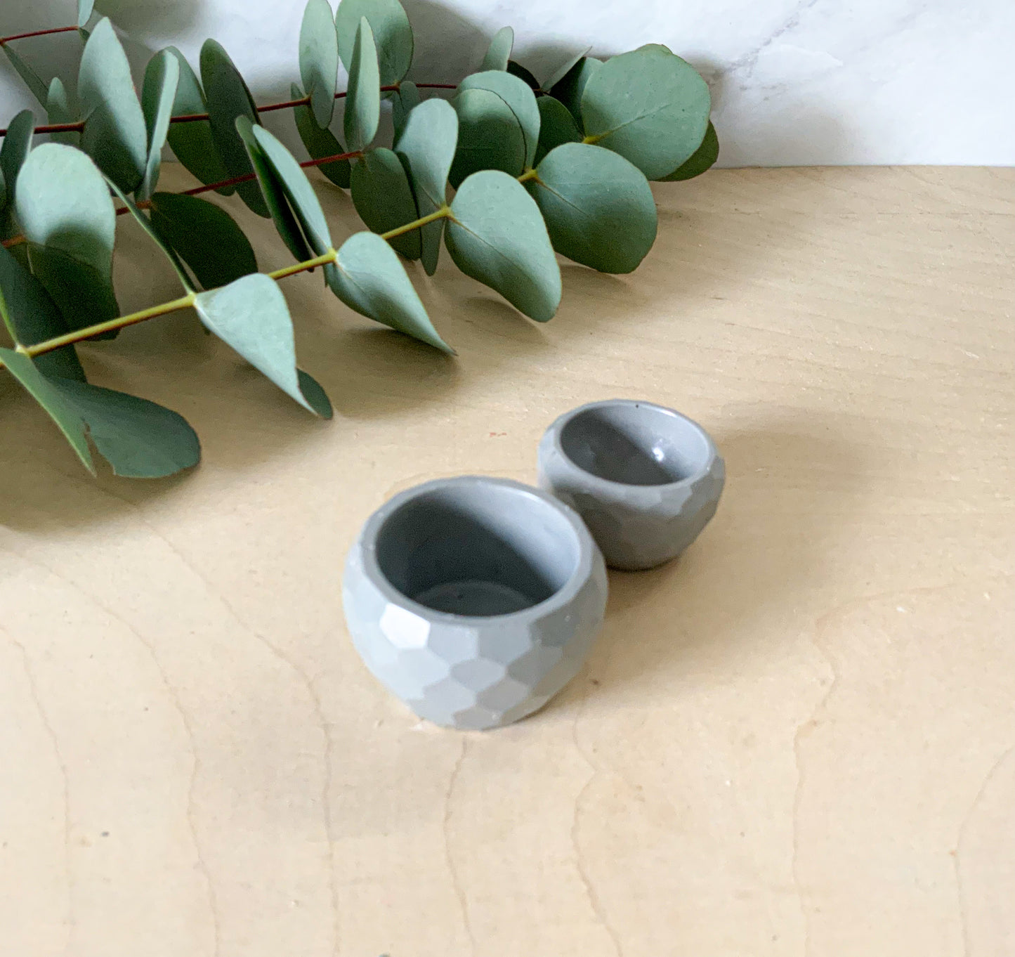 Small Concrete Planter Bowl - Mini Succulent Pot Air Plant Holder Ring Dish Faceted Modern Home Decor Miniature