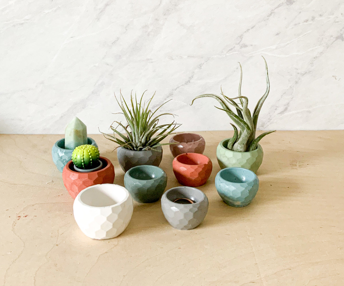 Small Concrete Planter Bowl - Mini Succulent Pot Air Plant Holder Ring Dish Faceted Modern Home Decor Miniature