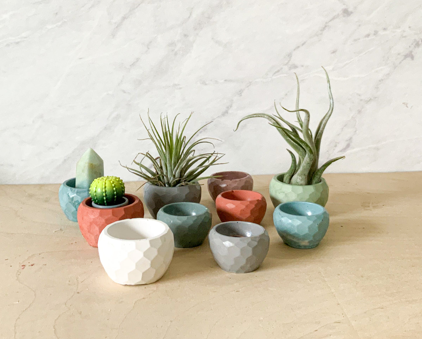 Small Concrete Planter Bowl - Mini Succulent Pot Air Plant Holder Ring Dish Faceted Modern Home Decor Miniature