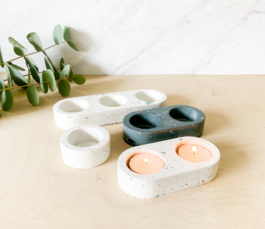 Handmade Terrazzo Tea Light Candle Holder Set - Colorful Speckled Concrete Modern Minimalist Home Decor Accent Votive