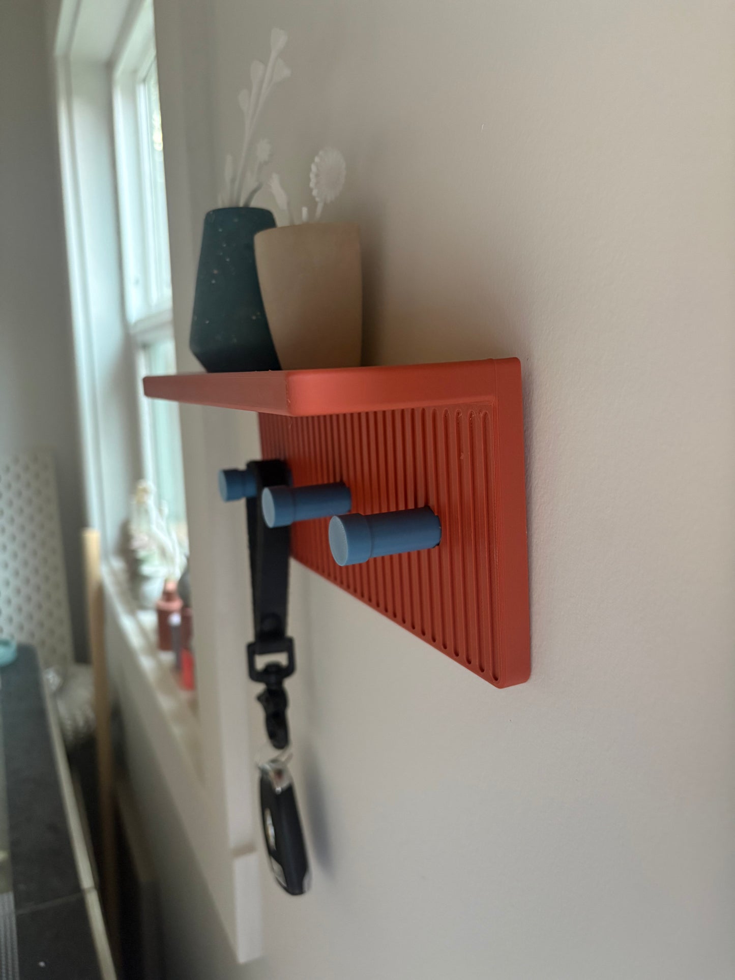 Entryway Wall Shelf with Hooks, 3D Printed Key Holder, Minimalist Wall Shelf