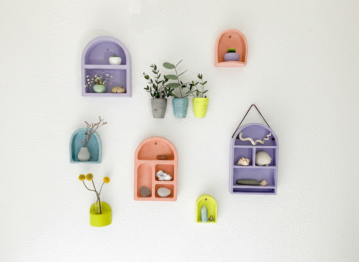 Modern Cement Trinket Arch Shelf for Decorative Storage, Miniature Display, Boho Freestanding Decor