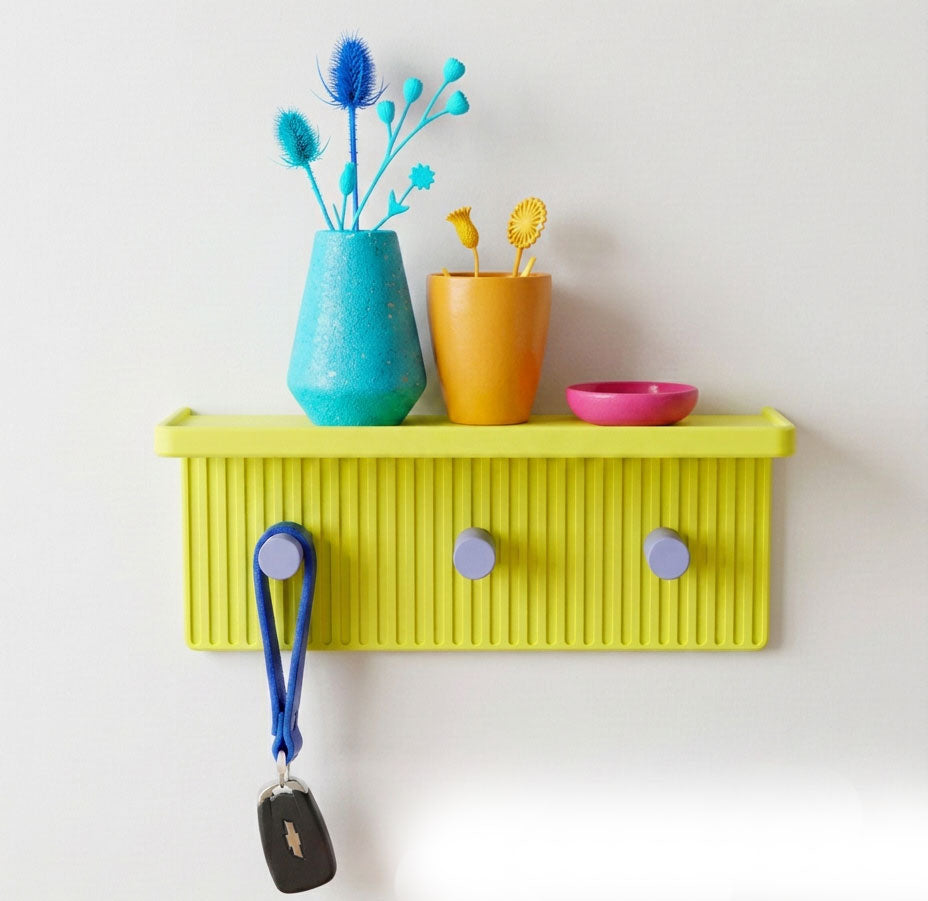 Entryway Wall Shelf with Hooks, 3D Printed Key Holder, Minimalist Wall Shelf