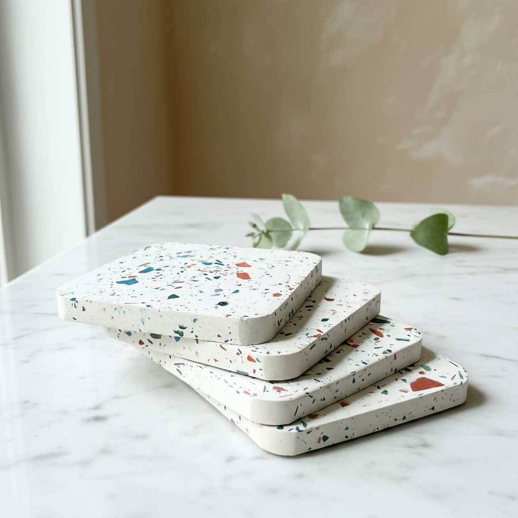 Terrazzo Coaster Set Gypsum Cement | Square modern coaster set of 4 | Neutral Coasters | Housewarming gift